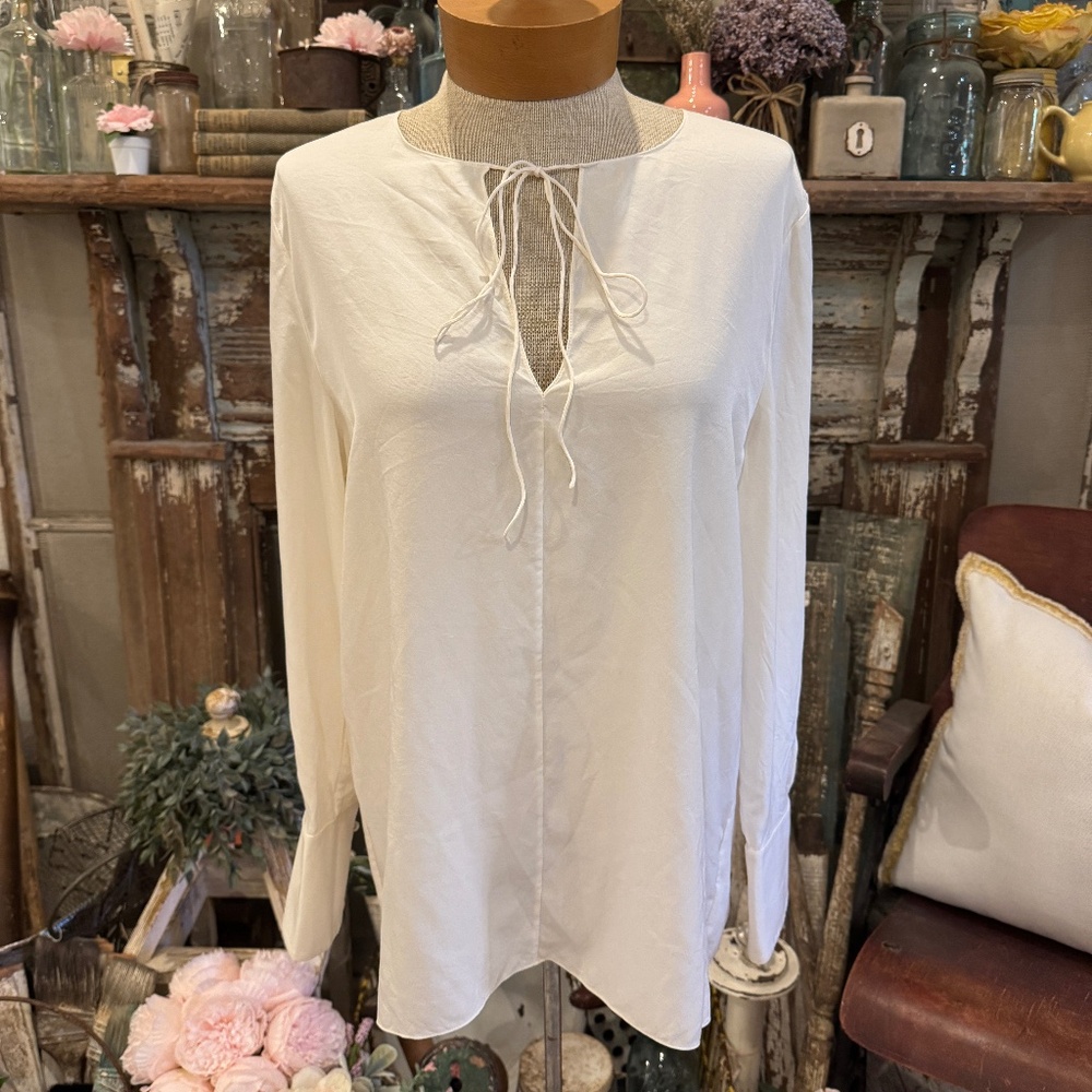 THEORY 100% SILK FLUID TUNIC SHIRT | V NECK TIE FRONT | FRENCH CUFF | HOLIDAY